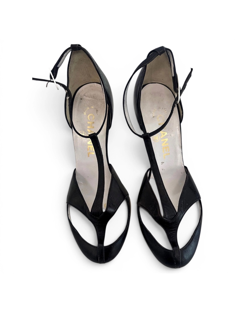 CHANEL Black Leather T-Strap Heeled Sandals